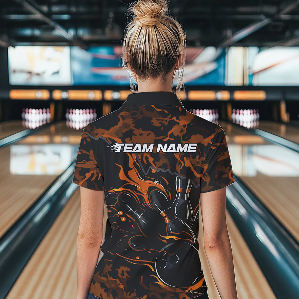Custom Black And Orange Camo Flame Bowling Womens Polo Shirts, Bowling Tournament Shirt IPHW8624