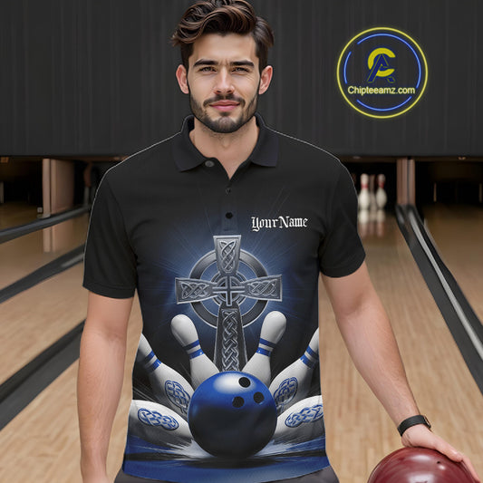 Front view male model in bowling alley wearing black polo shirt with blue Celtic cross and exploding bowling ball striking pins graphic
