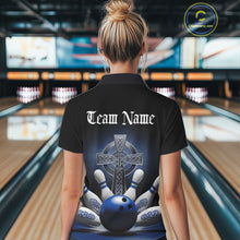 Load image into Gallery viewer, Custom Blue Celtic Cross Faith Bowling Polo Team Shirts For Women, Bowlers Outfits IPHW11305