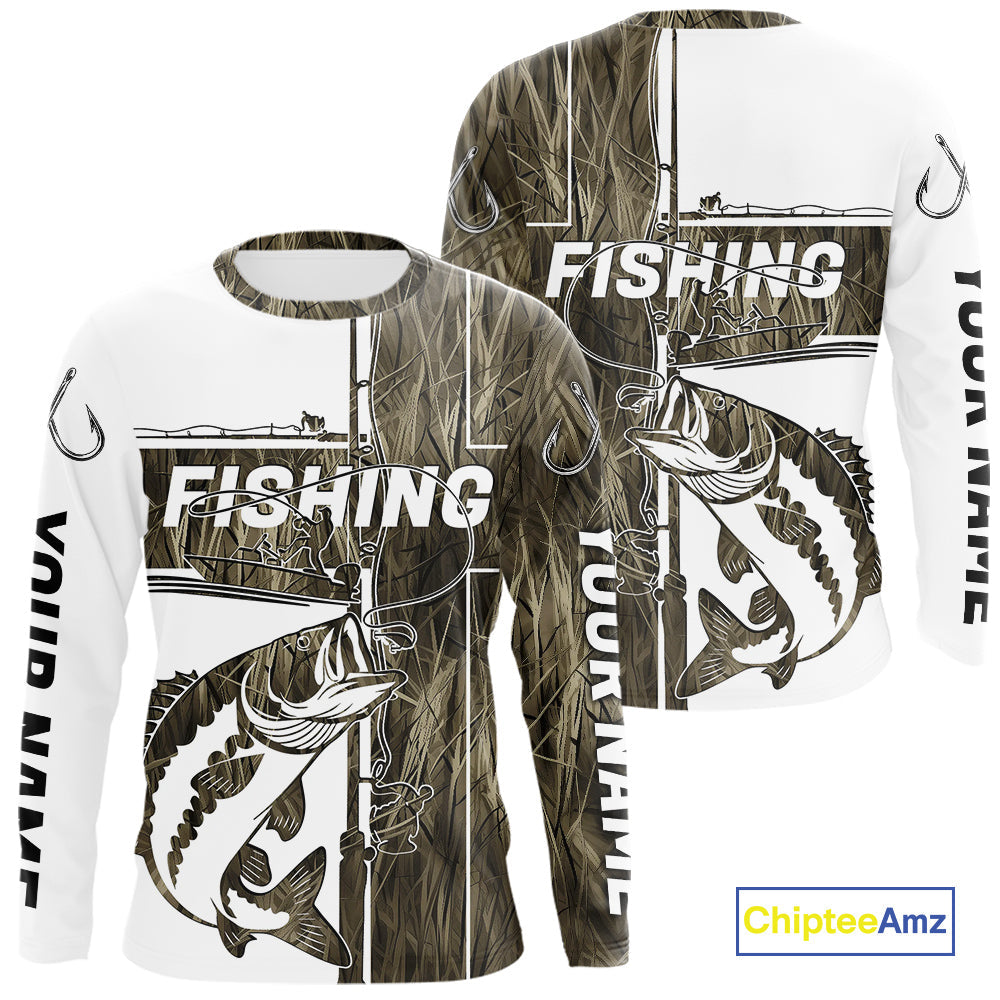 Custom Grass Camo Cross Faith Largemouth Bass Long Sleeve Tournament Fishing Shirts IPHW9148