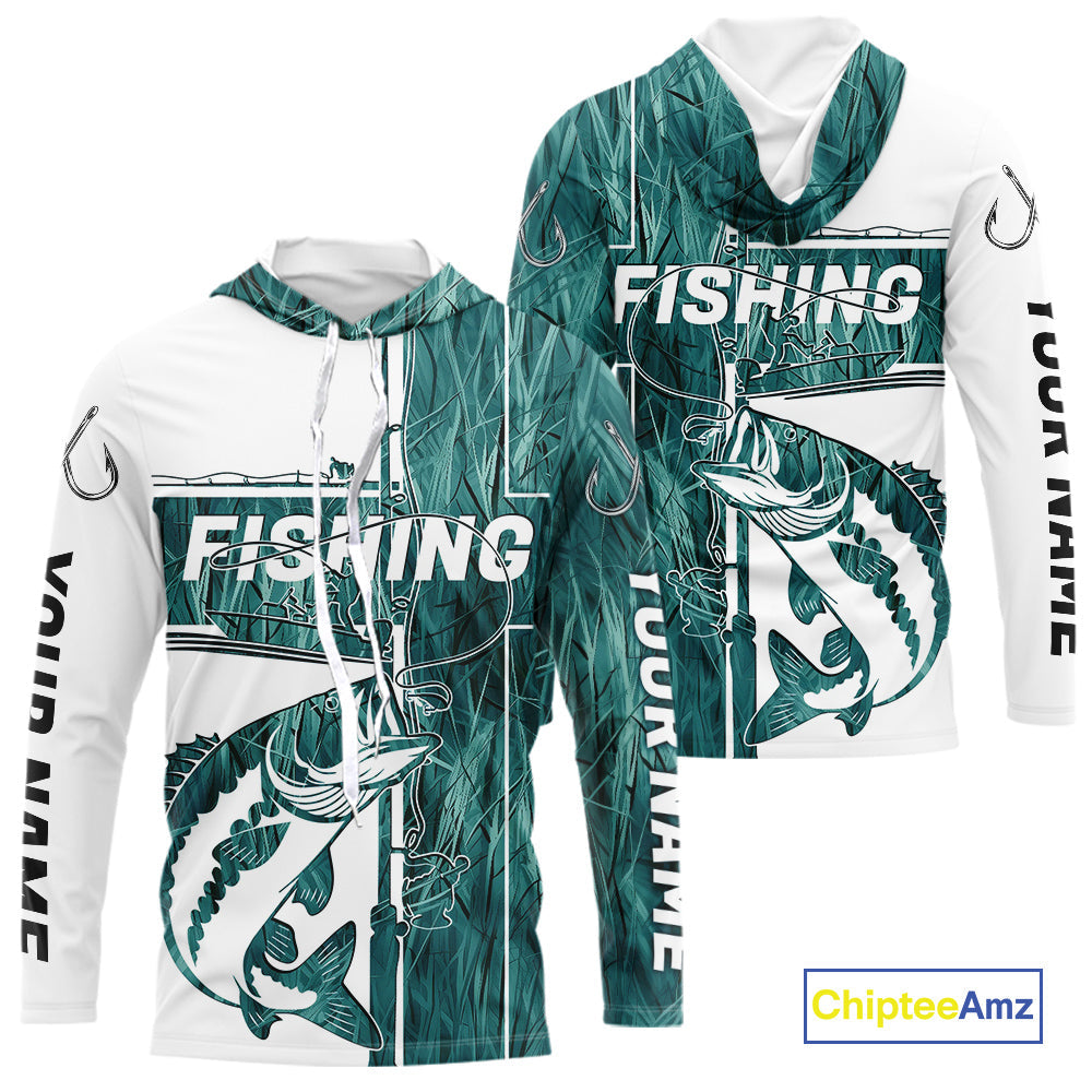 Custom Greenish Blue Grass Camo Cross Faith Largemouth Bass Long Sleeve Hooded Fishing Shirts IPHW9149