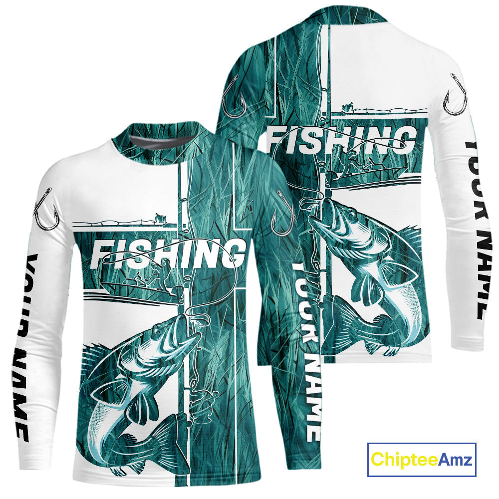 Custom Greenish Blue Grass Camo Cross Faith Walleye Kid Long Sleeve Tournament Fishing Shirts IPHW9151