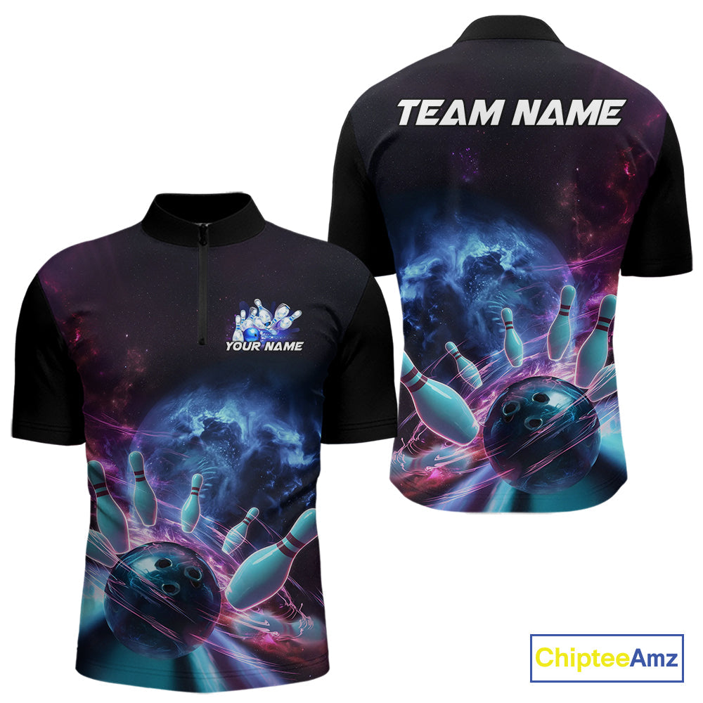Custom Galaxy Bowling Men Quarter-Zip Shirts, Holographic Bowling Jersey Bowling League Shirt IPHW9499