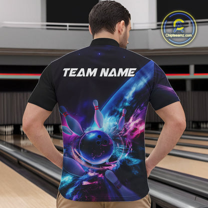 Custom Galaxy Bowling Men Quarter-Zip Shirts, Holographic Bowling Jersey Bowling League Shirt IPHW9501