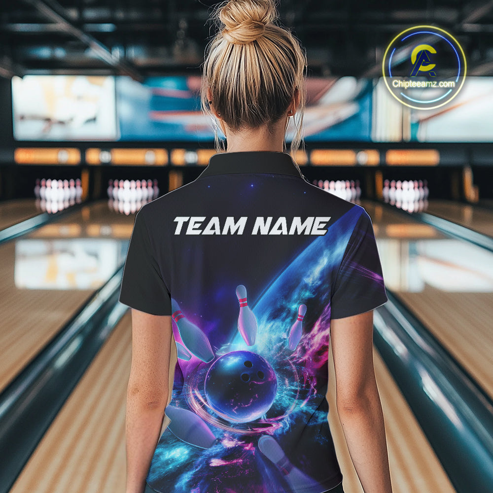 Custom Galaxy Bowling Women Quarter-Zip Shirts, Holographic Bowling League Shirt IPHW9501