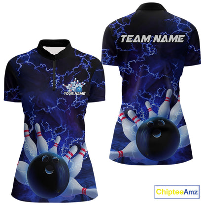 Custom Electric Blue Thunder Lightning Women Bowling Quarter-Zip Shirts, Bowling Jerseys IPHW9504