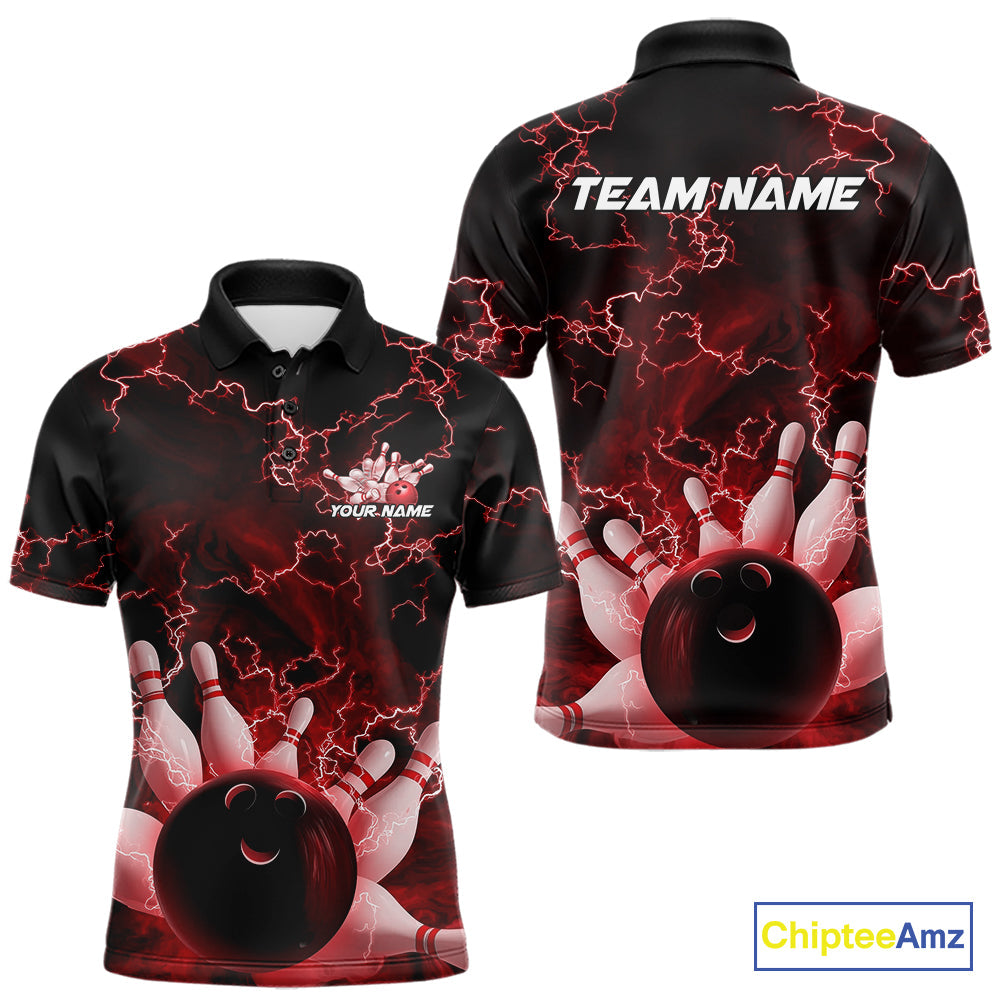 Custom Red Thunder Lightning Men Bowling Polo Team Shirts, Bowling Jerseys IPHW9505
