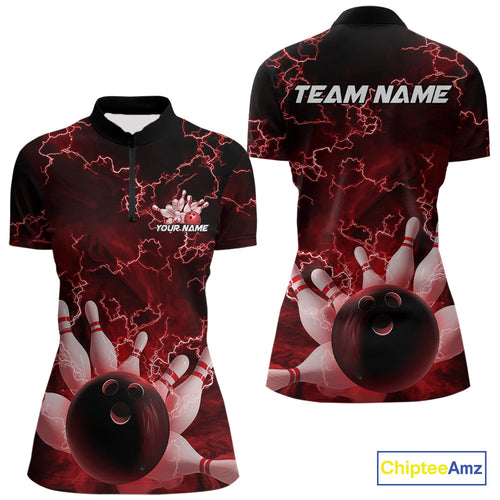 Custom Red Thunder Lightning Women Bowling Quarter-Zip Team Shirts, Bowling Jerseys IPHW9505