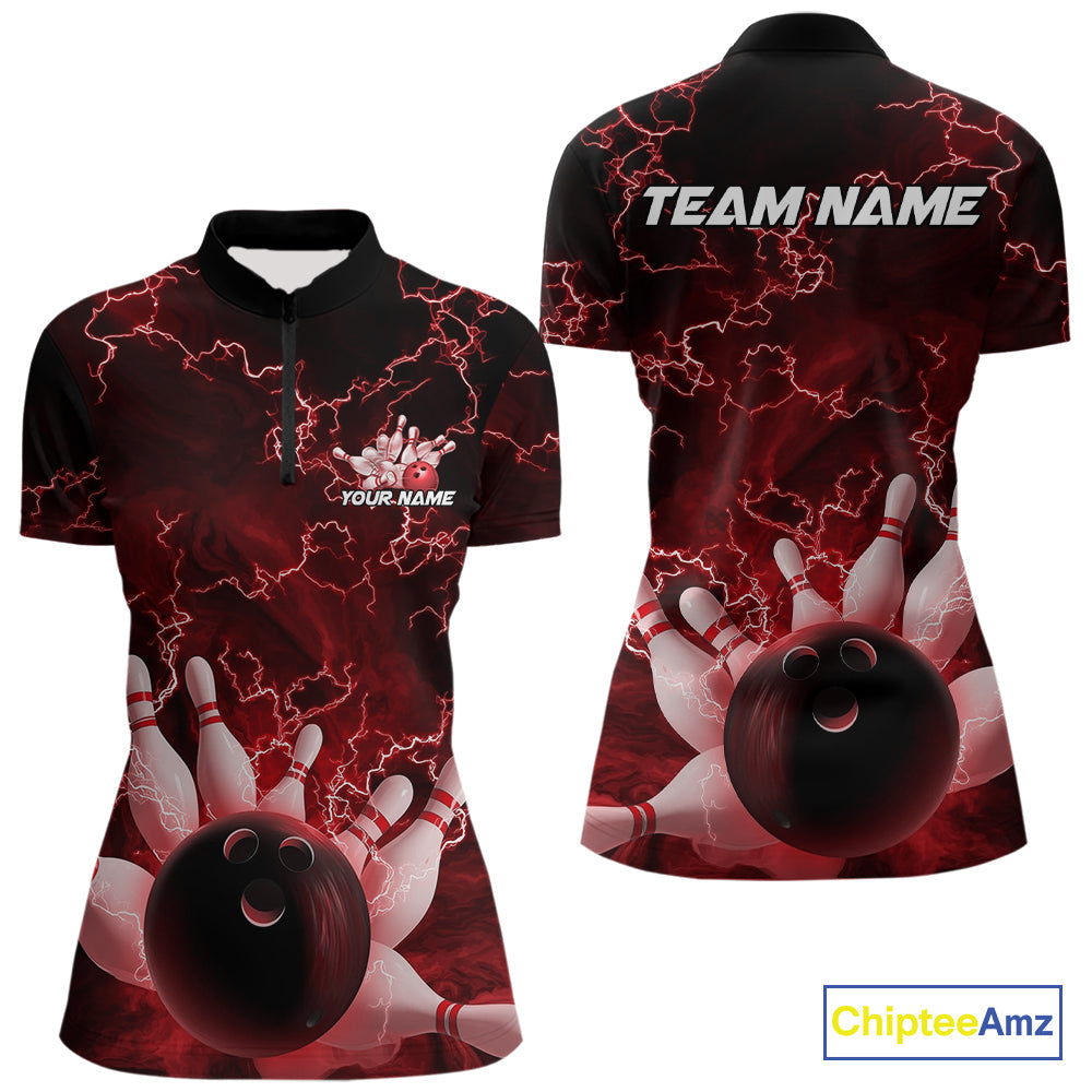 Custom Red Thunder Lightning Women Bowling Quarter-Zip Team Shirts, Bowling Jerseys IPHW9505