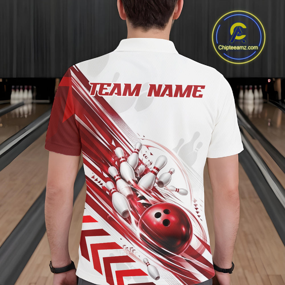 A man viewed from behind wearing a white and red bowling-themed short-sleeve polo shirt with 'TEAM NAME' printed across the upper back. The shirt features a dynamic graphic of a red bowling ball, white pins, and red-and-white diagonal stripes, set against a blurred bowling alley background.