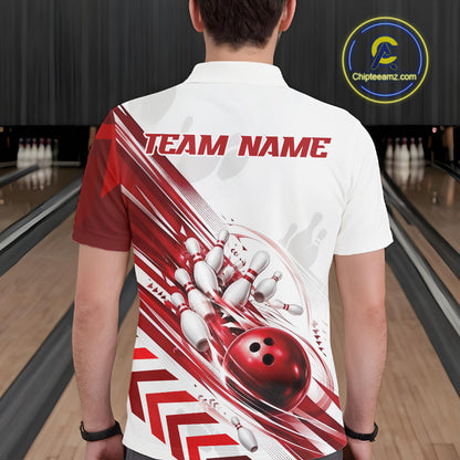 A man viewed from behind wearing a white and red bowling-themed short-sleeve polo shirt with 'TEAM NAME' printed across the upper back. The shirt features a dynamic graphic of a red bowling ball, white pins, and red-and-white diagonal stripes, set against a blurred bowling alley background.