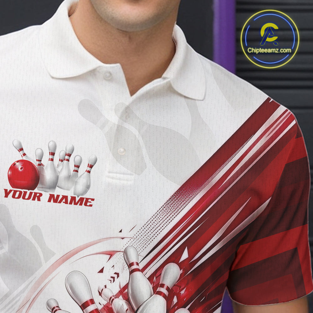 A close-up of a white polo shirt with bowling-themed graphics, including a red bowling ball, white bowling pins, and red-and-white diagonal stripes. The shirt has a placeholder text 'YOUR NAME' on the chest and a circular 'Chipteamz.