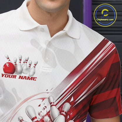 A close-up of a white polo shirt with bowling-themed graphics, including a red bowling ball, white bowling pins, and red-and-white diagonal stripes. The shirt has a placeholder text 'YOUR NAME' on the chest and a circular 'Chipteamz.