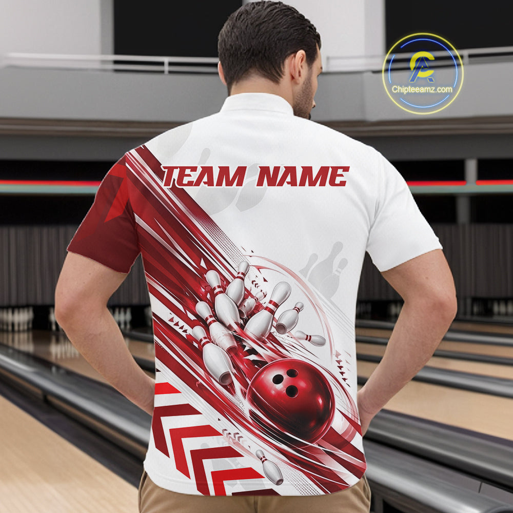 A man viewed from behind wearing a white bowling-themed short-sleeve shirt with a red and white graphic design featuring bowling pins, a bowling ball, and the text 'TEAM NAME'.