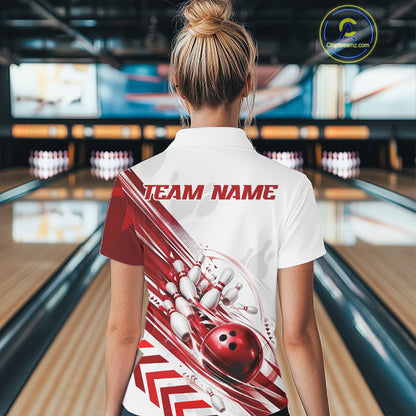 Custom White And Red Motion Speed Bowling Team Women Quarter-Zip Shirt, Bowling Jerseys IPHW11646