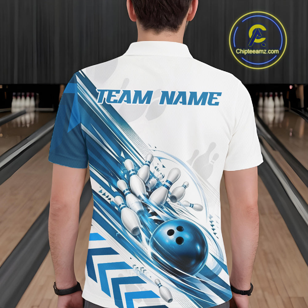 Custom White And Blue Motion Speed Bowling Team Men Polo Shirt, Bowling Jerseys IPHW11647