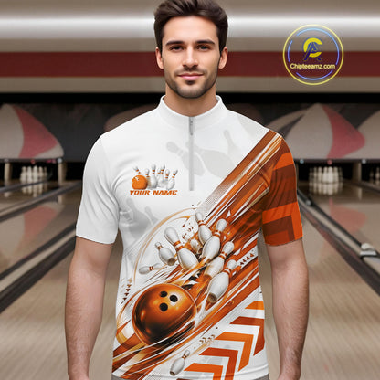 Custom White And Orange Motion Speed Bowling Team Men Quarter Zip Shirt, Bowling Jerseys IPHW11648
