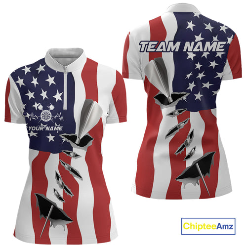 Custom Patriotic US Flag Silver Dart Steel Tip Dart Women Quarter-Zip Shirt, Dart Jerseys IPHW9875
