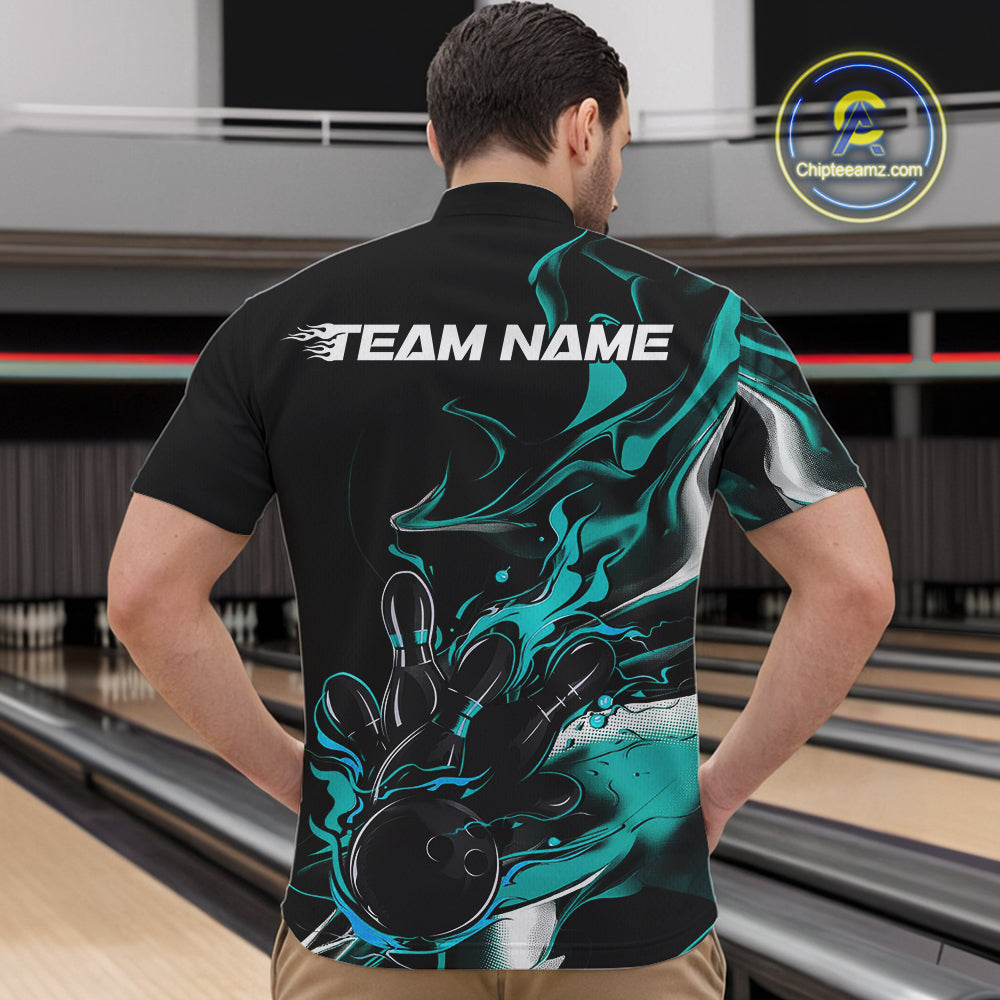 Custom Black And Turquoise Blue Camo Flame Bowling Team Men Quarter-Zip Shirts, Bowling Jerseys IPHW9878