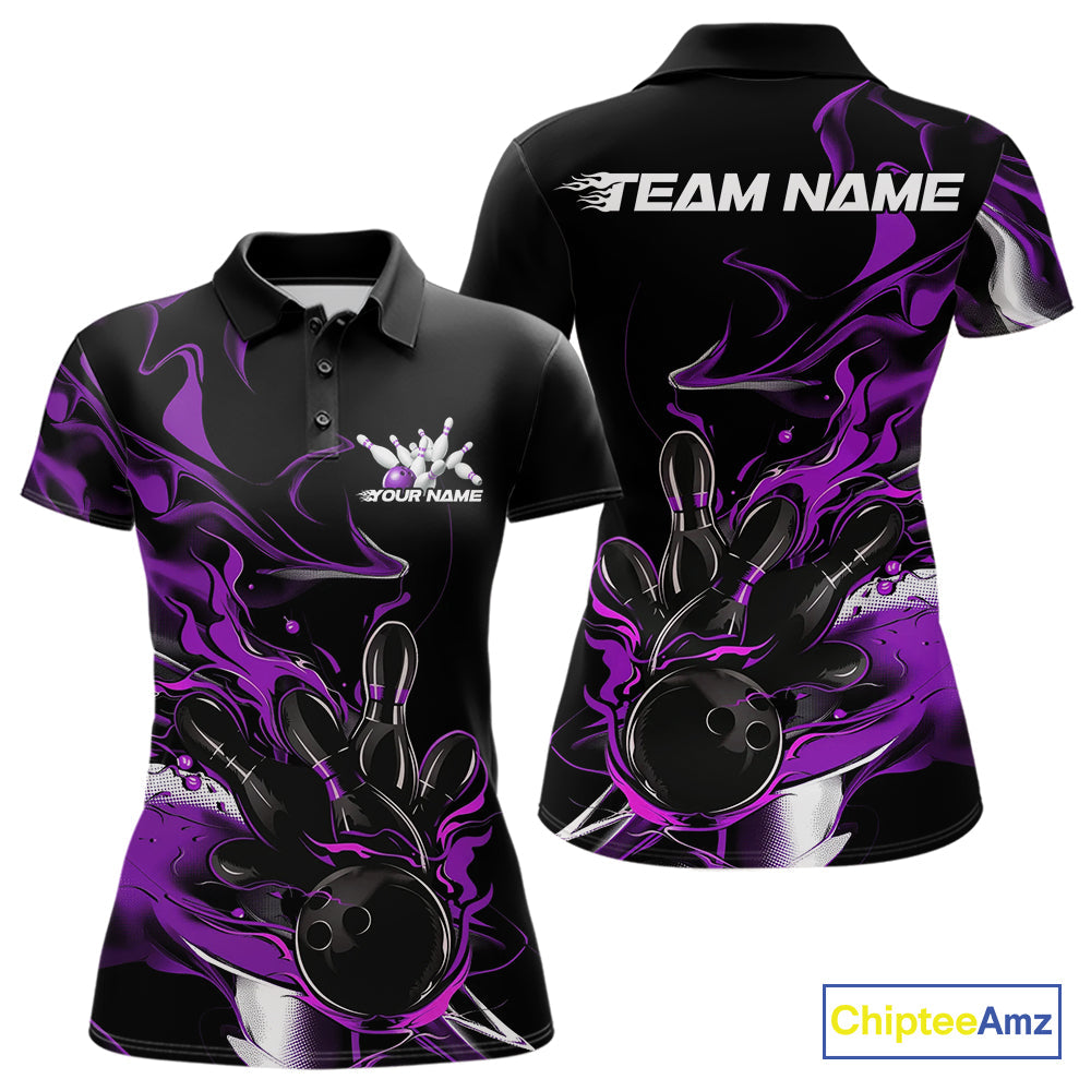 Custom Black And Purple Camo Flame Bowling Team Polo Shirts For Women, Bowling Jerseys IPHW9879