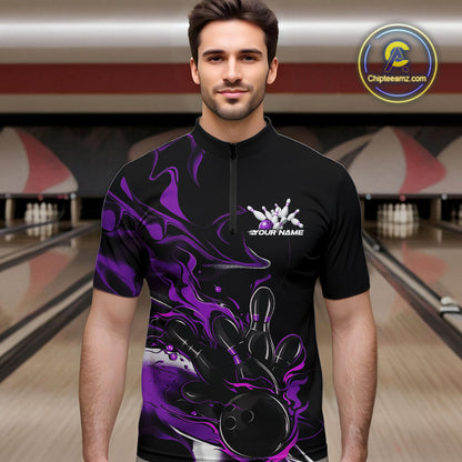 Custom Black And Purple Camo Flame Bowling Team Quarter-Zip Shirts For Men, Bowling Jerseys IPHW9879