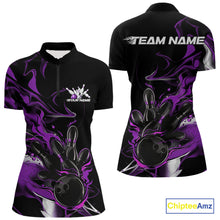 Load image into Gallery viewer, Custom Black And Purple Camo Flame Bowling Team Women Quarter-Zip Shirts, Bowling Jerseys IPHW9879