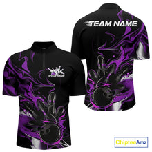 Load image into Gallery viewer, Custom Black And Purple Camo Flame Bowling Team Quarter-Zip Shirts For Men, Bowling Jerseys IPHW9879