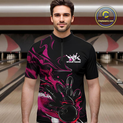 Custom Black And Pink Camo Flame Bowling Team Quarter-Zip Shirts For Men, Bowling Jerseys IPHW9880