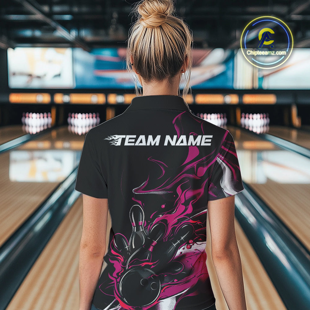 Custom Black And Pink Camo Flame Bowling Team Women Quarter-Zip Shirts, Bowling Jerseys IPHW9880