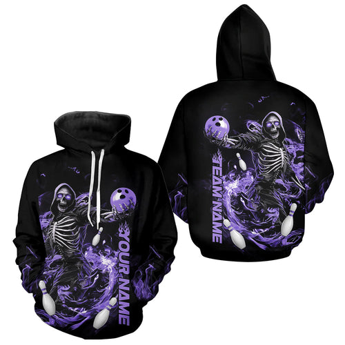 Custom Black And Purple Skeleton Bowling Men And Women Hoodie Shirt, Skull Bowling TournaMen And Woment Shirt IPHW8412