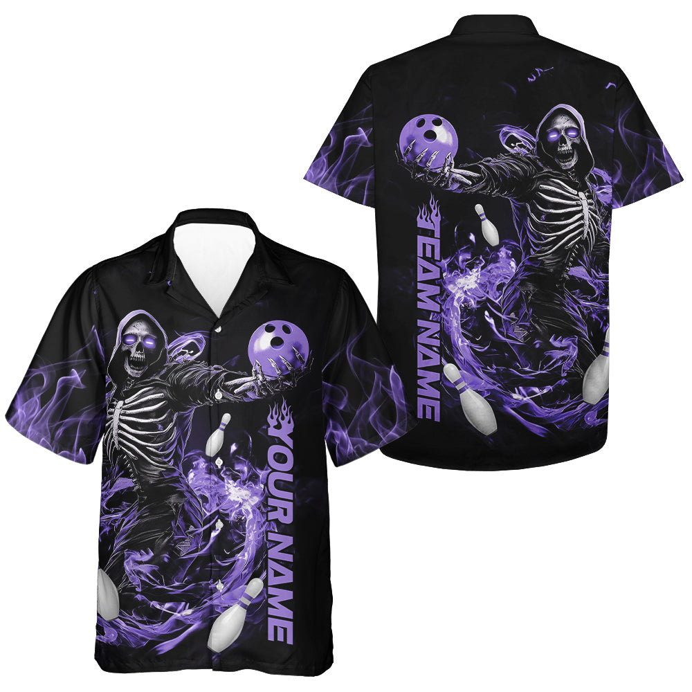 Custom Black And Purple Skeleton Bowling Men And Women Hawaiian Shirt, Skull Bowling Tournament Shirt IPHW8412