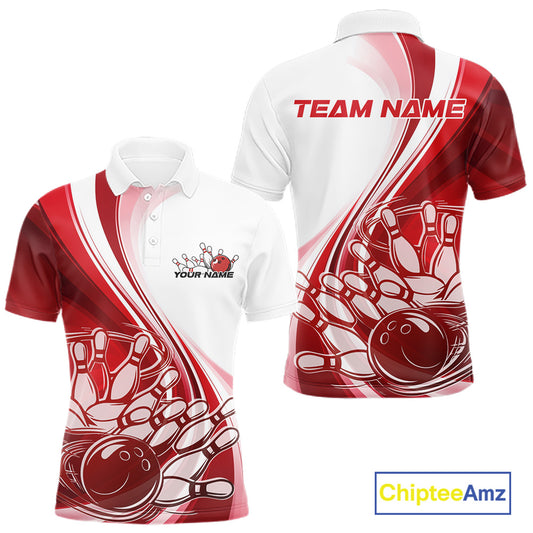 Front and back view of a mens bowling polo shirt mockup in white and red, featuring a dynamic sweeping curve with a bowling ball crashing into pins.