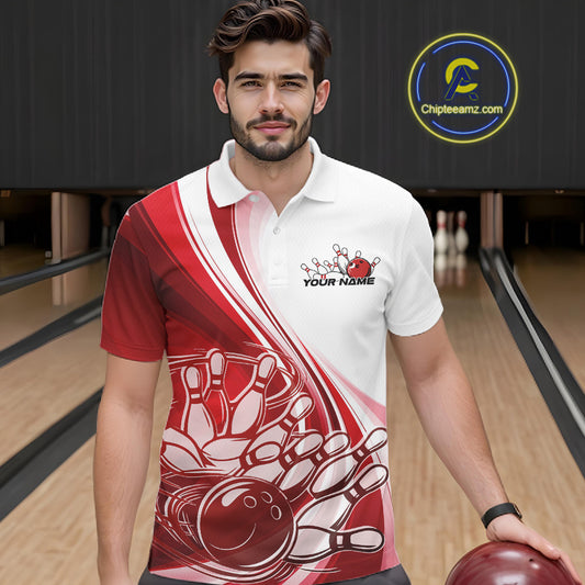 Male model in a bowling lane wearing a white and red polo shirt with a sweeping curve bowling strike graphic and pins being knocked down.