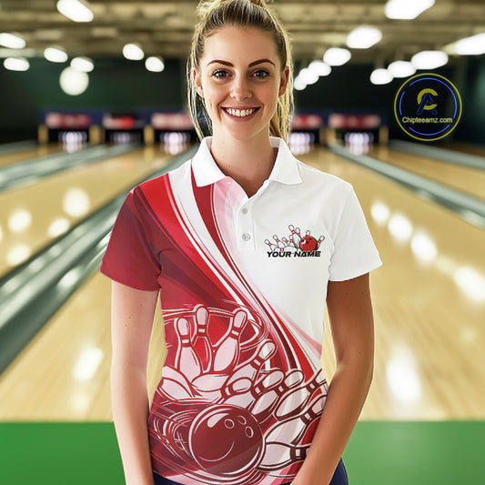 Female model in a bowling lane wearing a white and red polo shirt with dynamic curved bowling ball hitting pins design and motion accents.