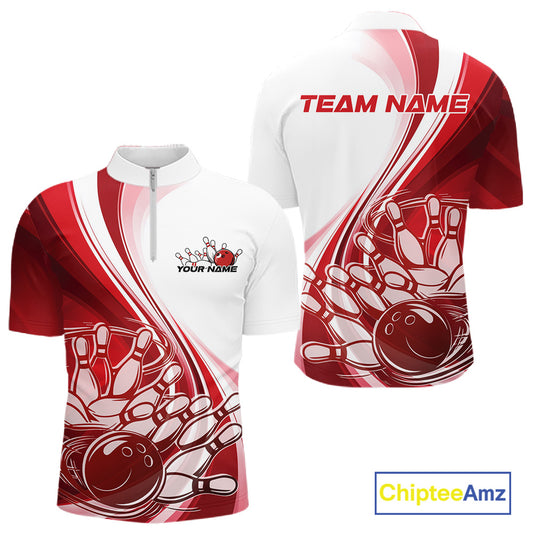 Front and back view of a mens bowling quarter zip shirt mockup in white and red, featuring a sweeping curve design with a bowling ball crashing into pins.