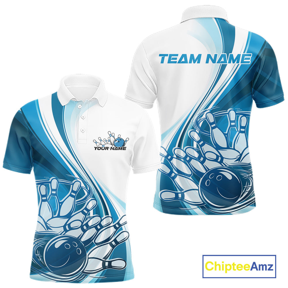 Front and back view of a mens bowling polo shirt mockup in white and blue, featuring a dynamic sweeping curve bowling strike graphic.