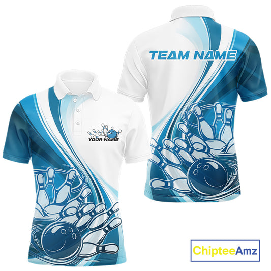Front and back view of a mens bowling polo shirt mockup in white and blue, featuring a dynamic sweeping curve bowling strike graphic.