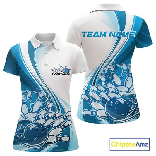 Front and back view of a womens bowling polo shirt mockup in white and blue, featuring a dynamic curved bowling ball striking pins graphic.