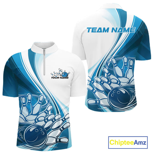 Front and back view of a mens bowling quarter zip shirt mockup in white and blue, featuring a dynamic curved bowling strike graphic with ball and pins.