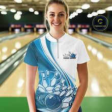 Load image into Gallery viewer, Custom White And Blue Classic Retro Style Women Quarter-Zip Bowling Tournament Shirt IPHW11324