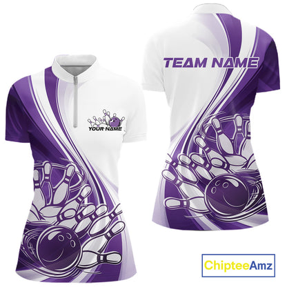 Women s white and purple bowling quarter zip mockup shown from front and back with dynamic sweeping curves and bowling ball crashing into pins artwork.