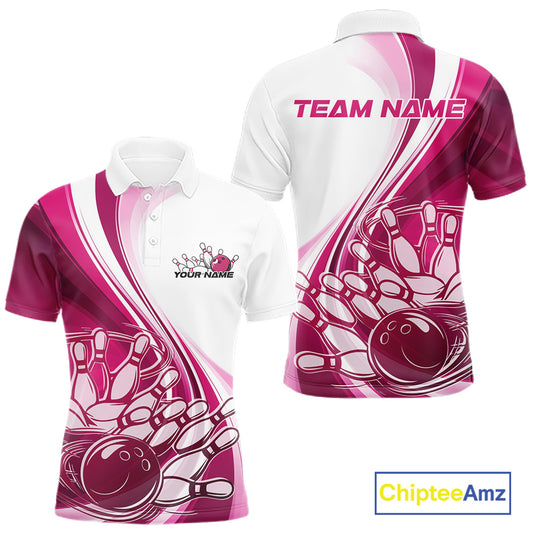 Front and back view of a mens bowling polo shirt mockup in white and pink, featuring a dynamic sweeping curve with a bowling ball crashing into pins.