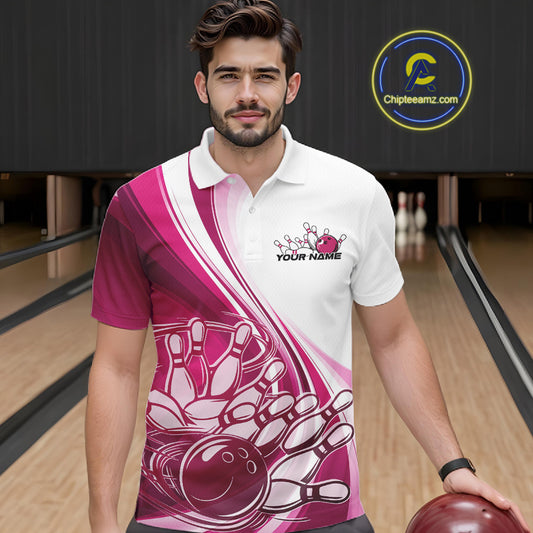 Male model in a bowling lane wearing a white and pink polo shirt, featuring a dynamic sweeping curve with a bowling ball crashing into pins.