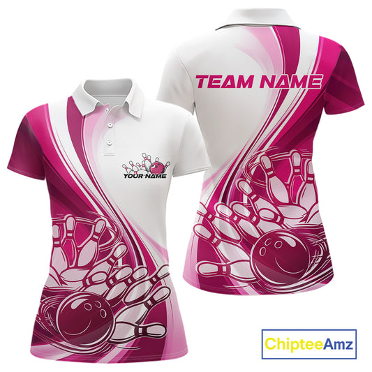 Front and back view of a womens bowling polo shirt mockup in white and pink, featuring a dynamic sweeping curve with a bowling ball crashing into pins.