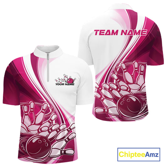 Front and back view of a mens bowling quarter zip shirt mockup in white and pink, featuring a dynamic curved bowling ball crashing into pins design.