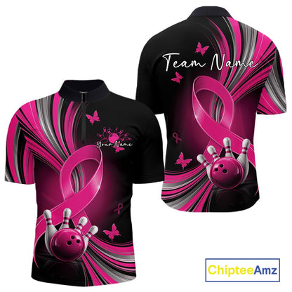 Front and back mockup of a mens black and pink bowling quarter zip featuring breast cancer awareness ribbons, small butterfly artwork, and bowling graphics