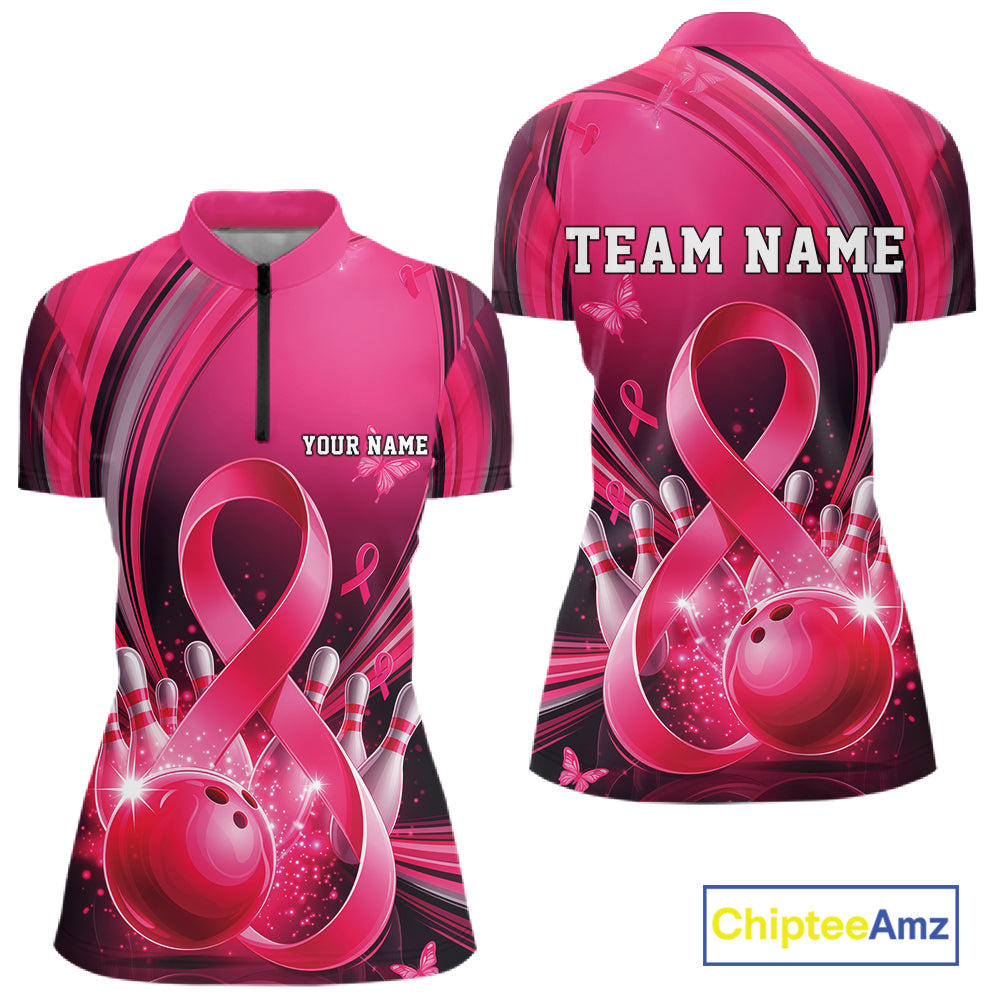 Front and back mockup of a womens pink and black bowling quarter zip featuring breast cancer awareness ribbons and bowling graphics