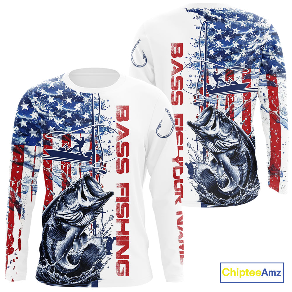 Custom Patriotic Largemouth Bass Long Sleeve Fishing Shirts, Watercolor US Flag Fishing Jersey IPHW9161