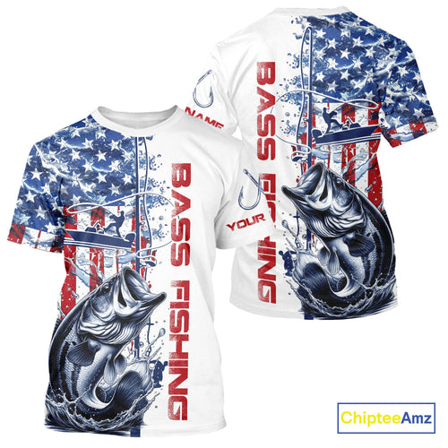Custom Patriotic Largemouth Bass Fishing T-Shirts, Watercolor US Flag Fishing Jersey IPHW9161