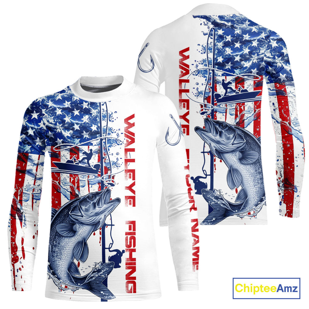 Custom Patriotic Walleye Kid Long Sleeve Fishing Shirts, Watercolor US Flag Fishing Jersey IPHW9162